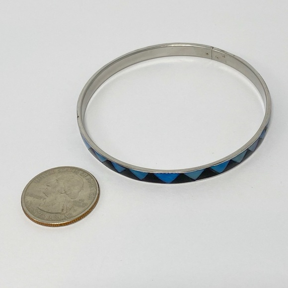 Vintage Abalone Shell & Onyx Triangle Inlay Silver Tone Bangle 8” - Picture 4 of 6